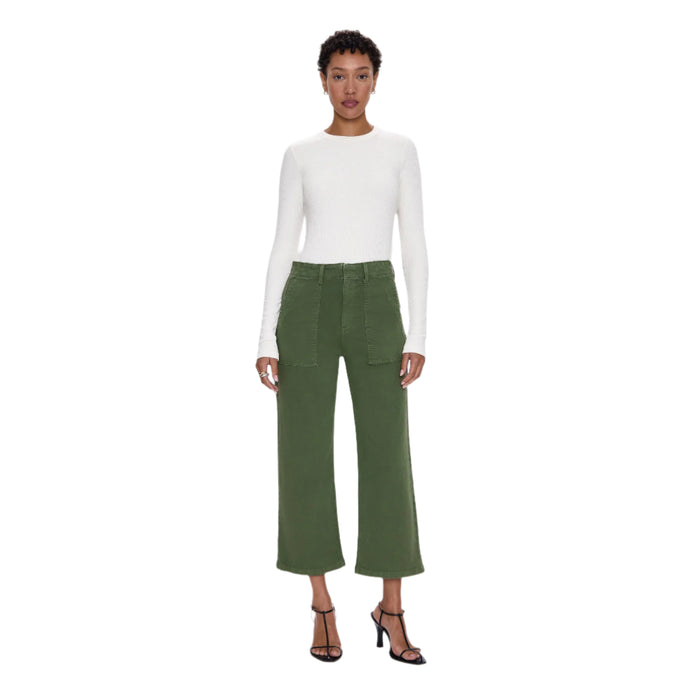 Model wearing Pistola Sophia olive green wide-leg cropped utility pants with front patch pockets.