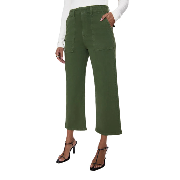 Olive green Pistola Sophia wide-leg cropped utility pants with front patch pockets and stretch cotton fabric.