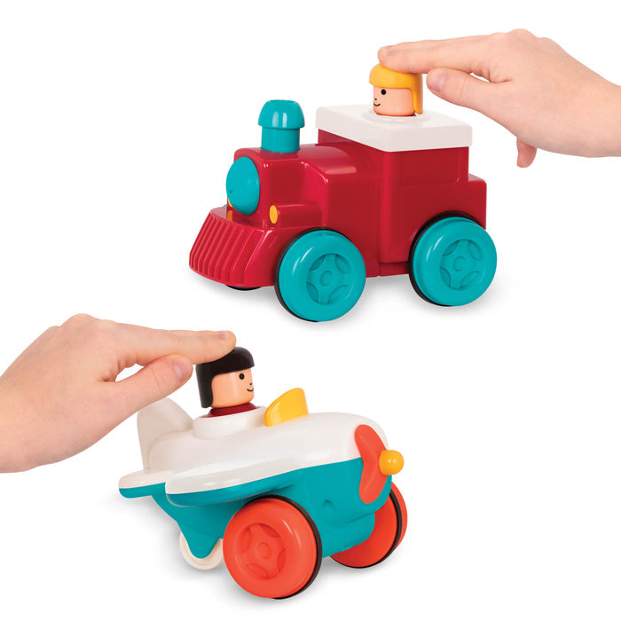 Pump and go toy plane and train with drivers.