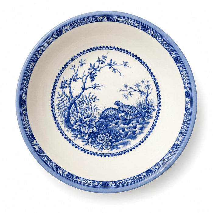 Blue and white English china cereal bowl featuring a detailed quail and floral pattern with a decorative geometric rim.