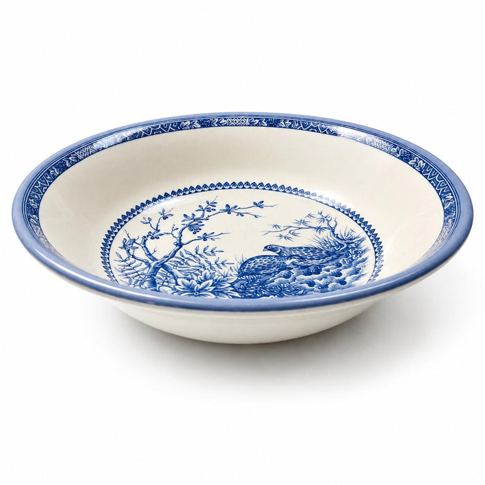 Blue and white English china cereal bowl featuring a detailed quail bird design and decorative patterned rim.