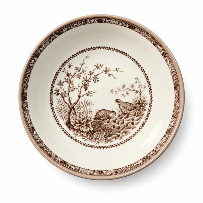Brown and cream English china cereal bowl featuring a detailed quail bird and woodland scene with an intricate patterned rim.