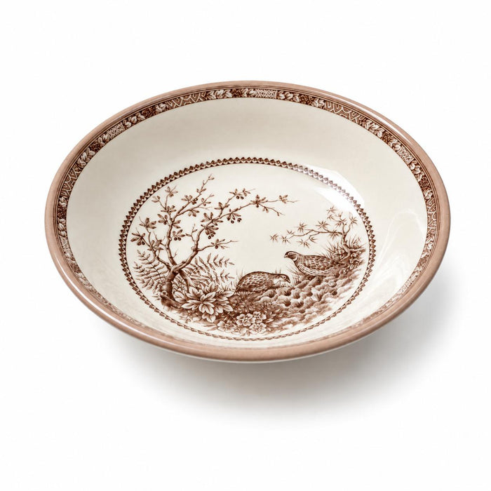 Brown and cream English china cereal bowl featuring a detailed quail bird and woodland scene with a decorative rim.