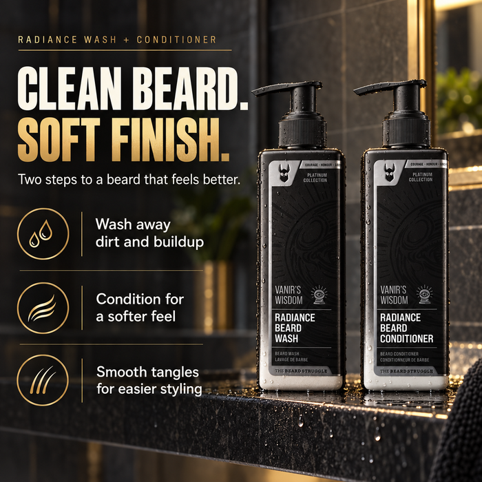 Radiance Beard Wash and Beard Conditioner bottles in Vanir's Wisdom on a wet shower ledge, headline Clean Beard Soft Finish, wash away buildup, condition for a softer feel, smooth tangles