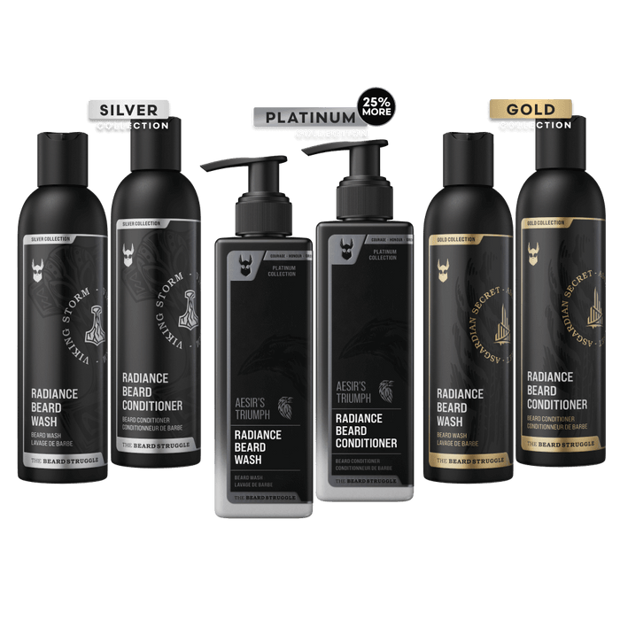 Radiance Beard Wash and Conditioner bundle in Silver, Platinum and Gold Collection: Viking Storm, Aesir's Triumph and Asgardian Secret bottles. The Beard Struggle