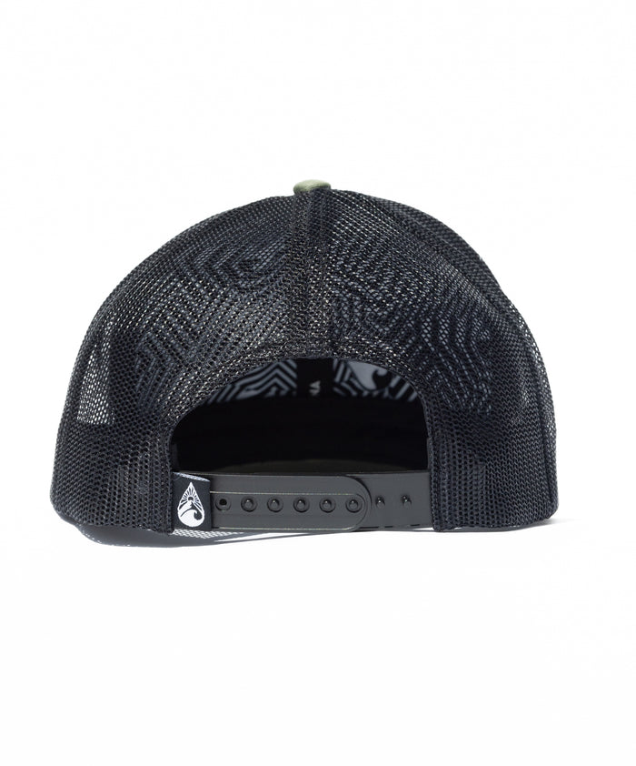Rear view of the Waihana Ranger Green Mauka Trucker snapback hat, featuring black mesh panels, a rubberized adjustable snapback strap with Waihana logo patch, and a patterned interior lining.