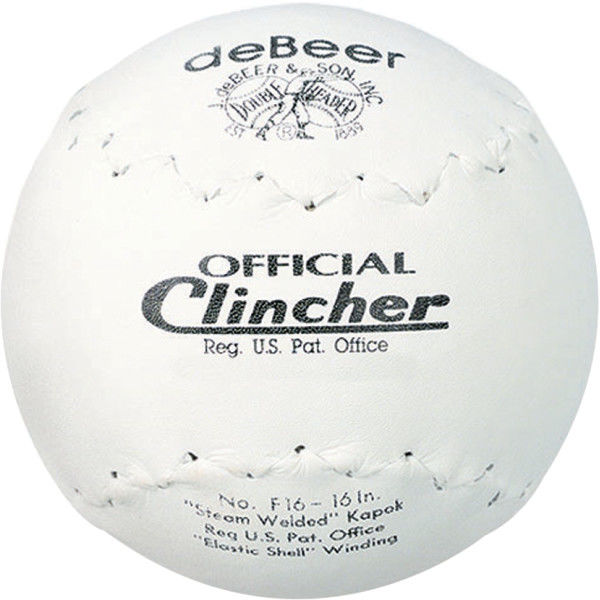 The Rawlings DeBeer Official Clincher 16" Leather Slowpitch Softball (F16) is a white ball made with Trutech leather, featuring visible stitching and printed OFFICIAL Clincher logos along with the manufacturer’s details.