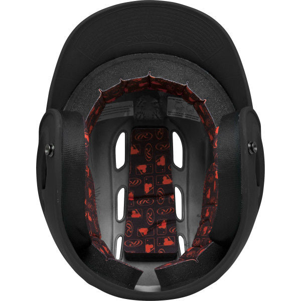 Top view of the Rawlings Velo Matte Batting Helmet: R16M in black, featuring red patterned lining, multiple ventilation holes, and ear-protective interior padding—perfect for youth baseball collections.
