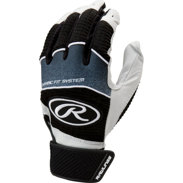 A single Rawlings Workhorse Adult Batting Glove (WH950BG) in black, white, and gray is shown, featuring the Rawlings logo on the back and "Dynamic Fit System" text above the wrist strap.