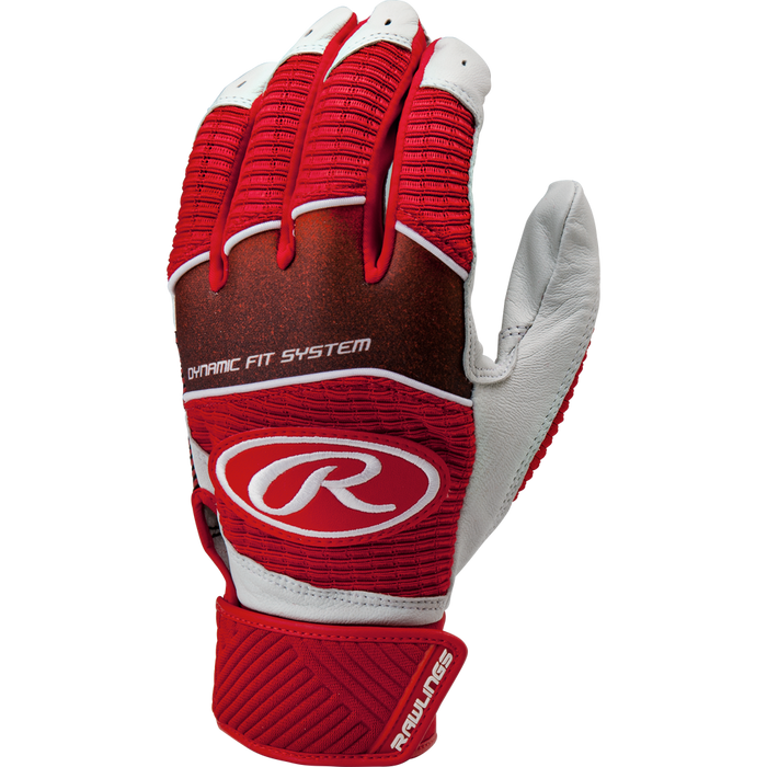 The Rawlings Workhorse Adult Batting Gloves (WH950BG) feature a red and white design, the Dynamic Fit System, and Rawlings branding, made for baseball or softball players.