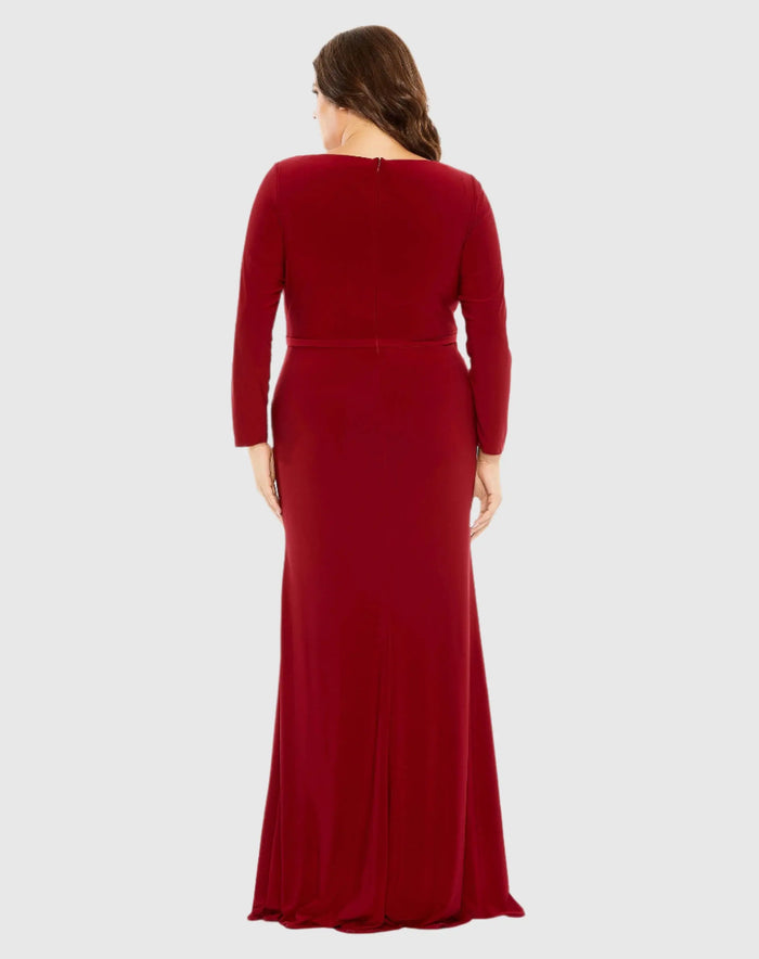 Red Long Sleeve V-Neck Faux Wrap Gown - Mac Duggal