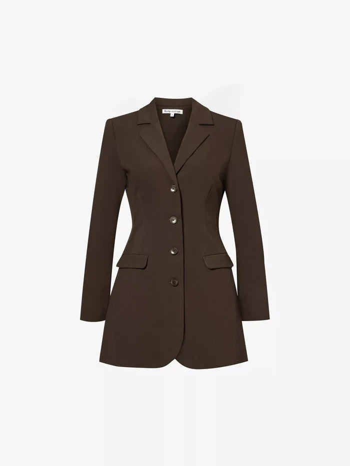 REFORMATION Jacques Padded Shoulder Chocolate Brown Stretch Woven Blazer - House Of Huntington