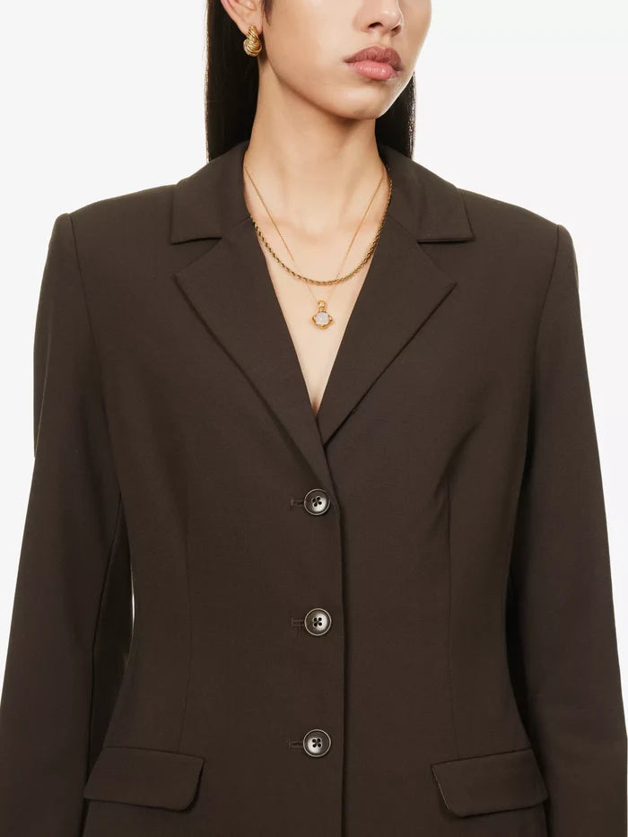 REFORMATION Jacques Padded Shoulder Chocolate Brown Stretch Woven Blazer - House Of Huntington