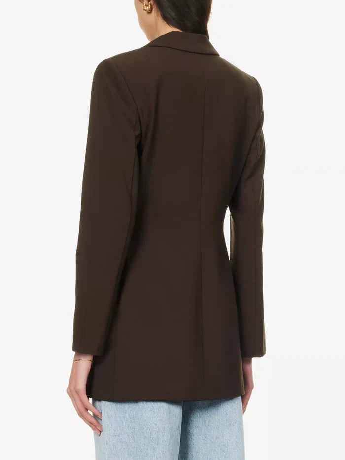 REFORMATION Jacques Padded Shoulder Chocolate Brown Stretch Woven Blazer - House Of Huntington
