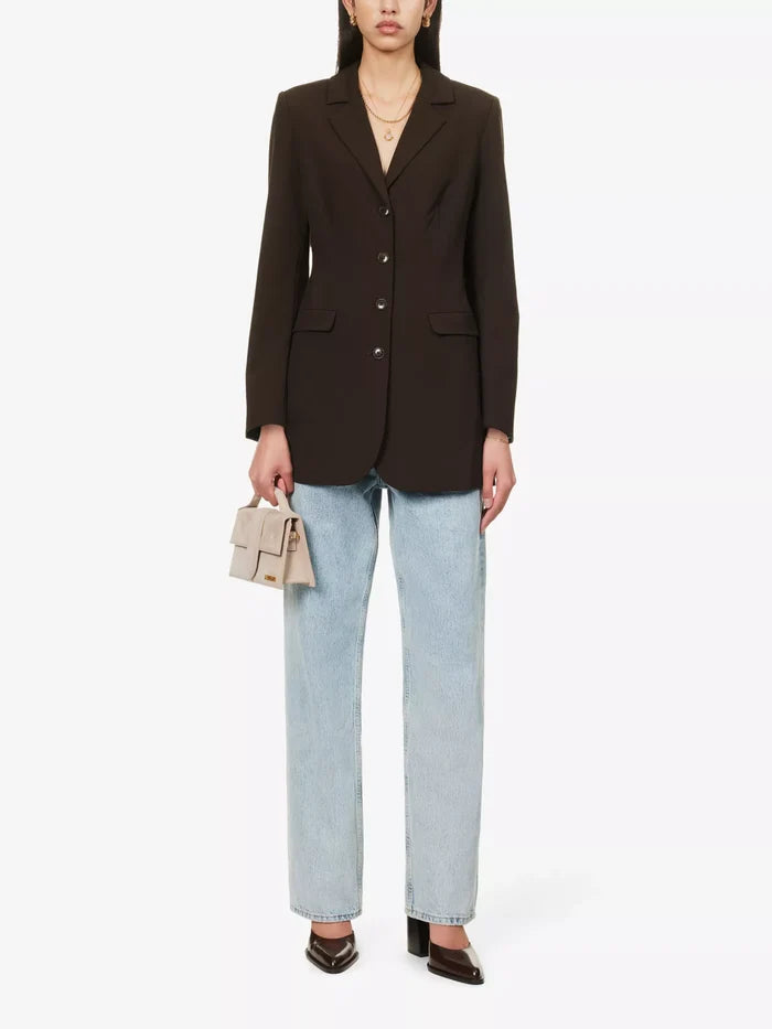 REFORMATION Jacques Padded Shoulder Chocolate Brown Stretch Woven Blazer - House Of Huntington