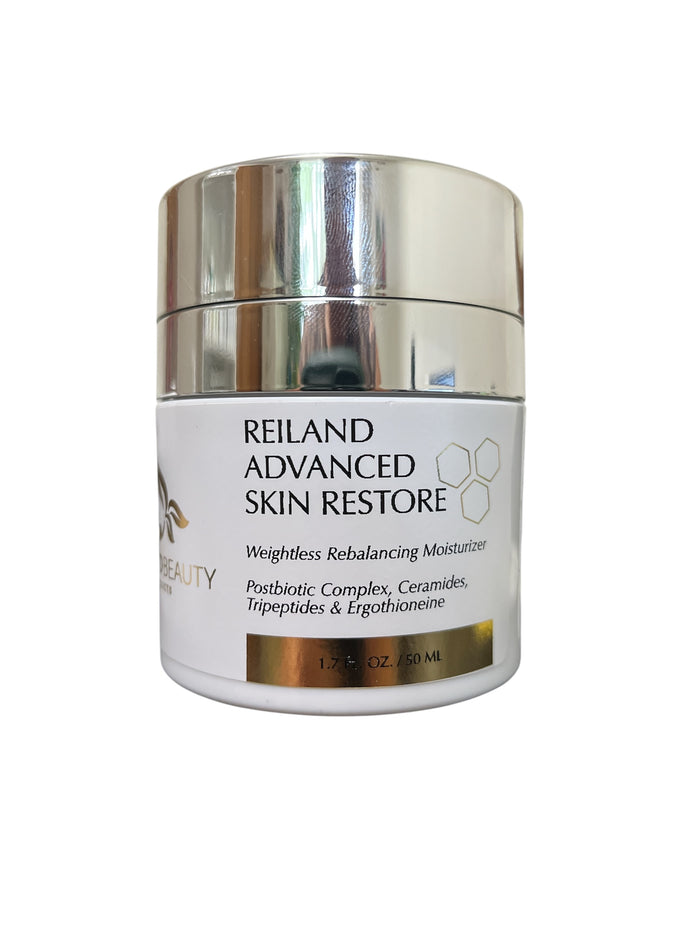 Front-facing image of Reiland Advanced Skin Restore moisturizer on a clean white background, showcasing postbiotic complex and ceramide-rich formula.