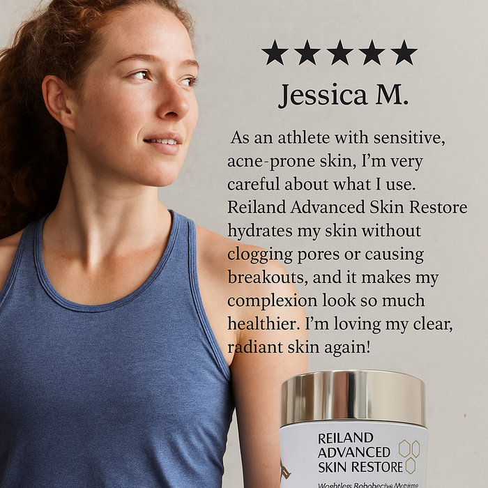Testimonial image featuring Jessica M., a female athlete with sensitive, acne-prone skin, endorsing Reiland Advanced Skin Restore. She highlights how the moisturizer hydrates without clogging pores or causing breakouts, shown alongside the sleek product packaging.