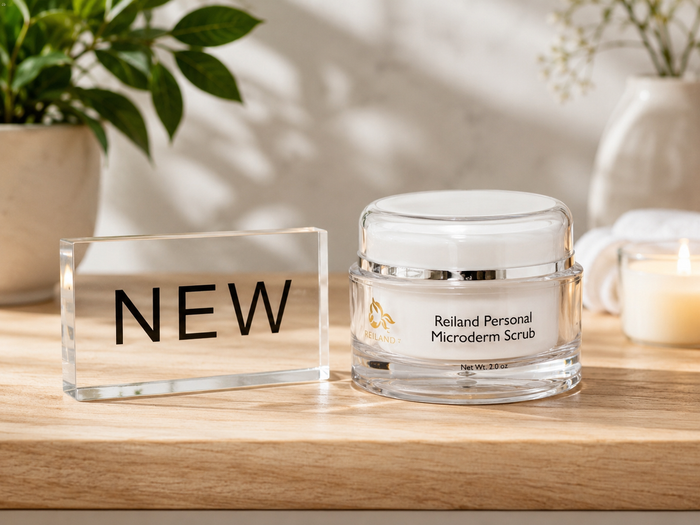 Reiland Personal Microderm Scrub displayed beside a clear “NEW” sign on a light wood surface with a soft spa-style background.