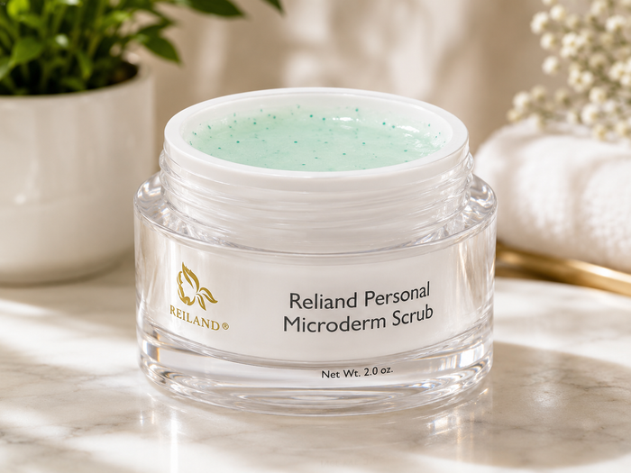 Open jar of Reiland Personal Microderm Scrub showing pale mint exfoliating cream with fine beads in a bright spa setting.