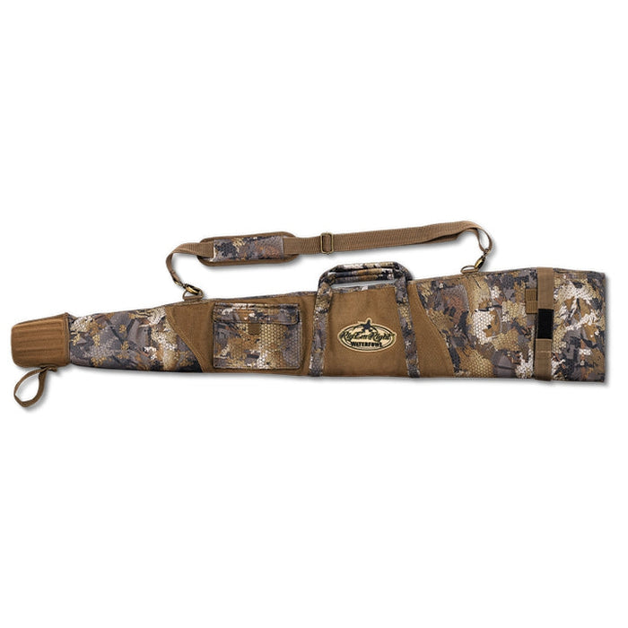 Rig 'Em Right Flashpoint floating shotgun case in camo pattern with padded shoulder strap and rigid EVA tip.