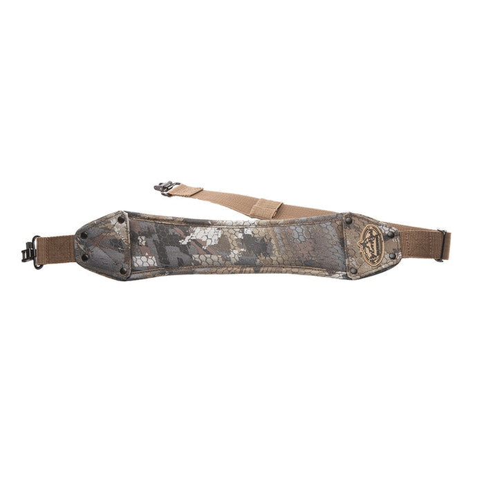 Rig 'Em Right High-Brass camo shotgun sling with neoprene shoulder pad, brass rivets, and durable metal clips.