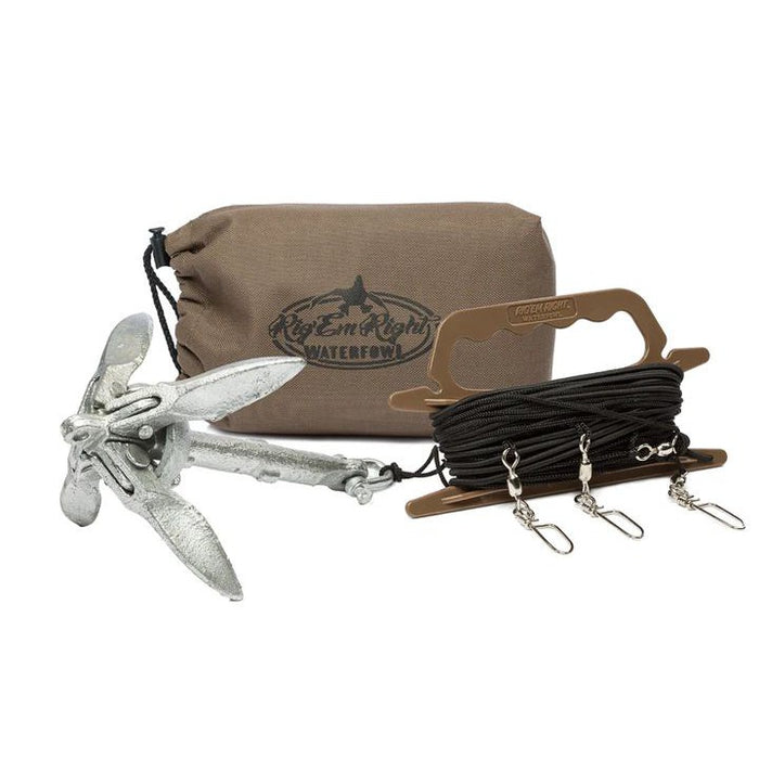 Rig 'Em Right jerk rig kit with a silver anchor, black nylon line on a winder with swivels, and a tan storage bag.