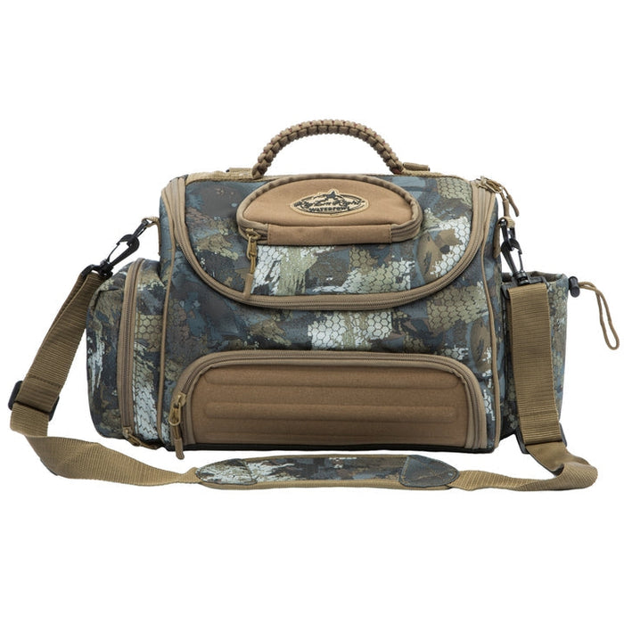 Rig 'Em Right Lock & Load camo blind bag with a molded ammo compartment, sunglasses case, and adjustable shoulder strap.