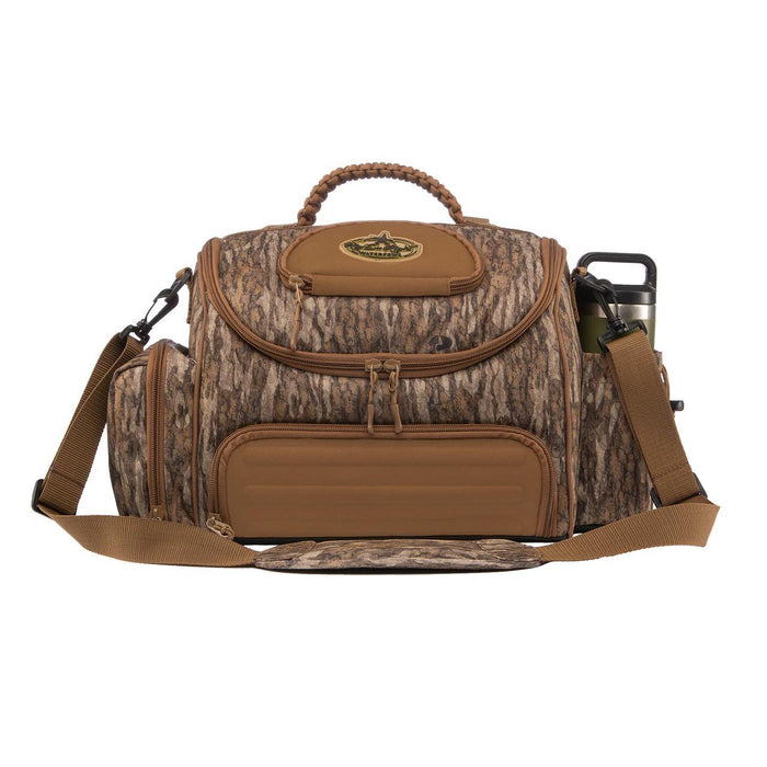 Rig 'Em Right Lock & Load camo hunting blind bag with molded ammo compartment, shoulder strap, and side drink holder.