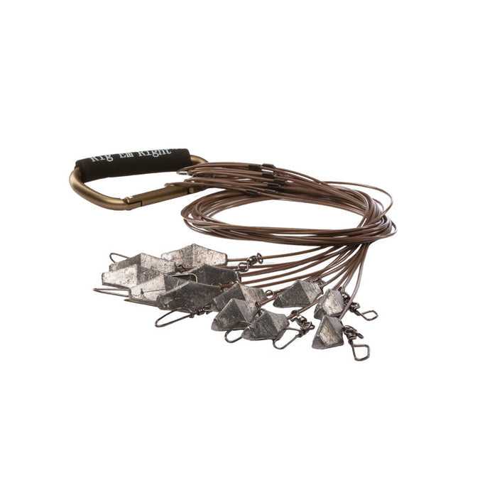 Rig 'Em Right Texas Rig decoy anchors with brown coated cables, lead weights, and a padded carabiner for waterfowl hunting.