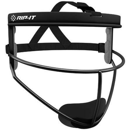 The Rip It Defense Softball Fielder's Mask (RIPDG) by Rip It is a black, lightweight mask featuring a metal frame, forehead padding, adjustable straps, and chin pad for protective comfort during softball games.