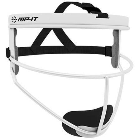 The Rip It Defense Softball Fielder’s Mask (RIPDG) by Rip It features white color, black padding, adjustable straps, and an open wire design for reliable face protection as essential softball gear.