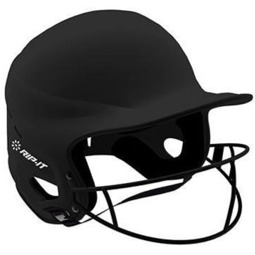 The Rip It Vision Pro Matte Fastpitch Softball Batting Helmet with Mask (VIS) features a protective face guard and white Rip It branding, providing reliable safety for softball players.