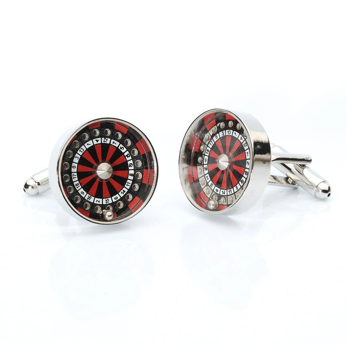 Silver-tone roulette wheel cufflinks with red and black detailing and a small moving ball, featuring a secure toggle closure.