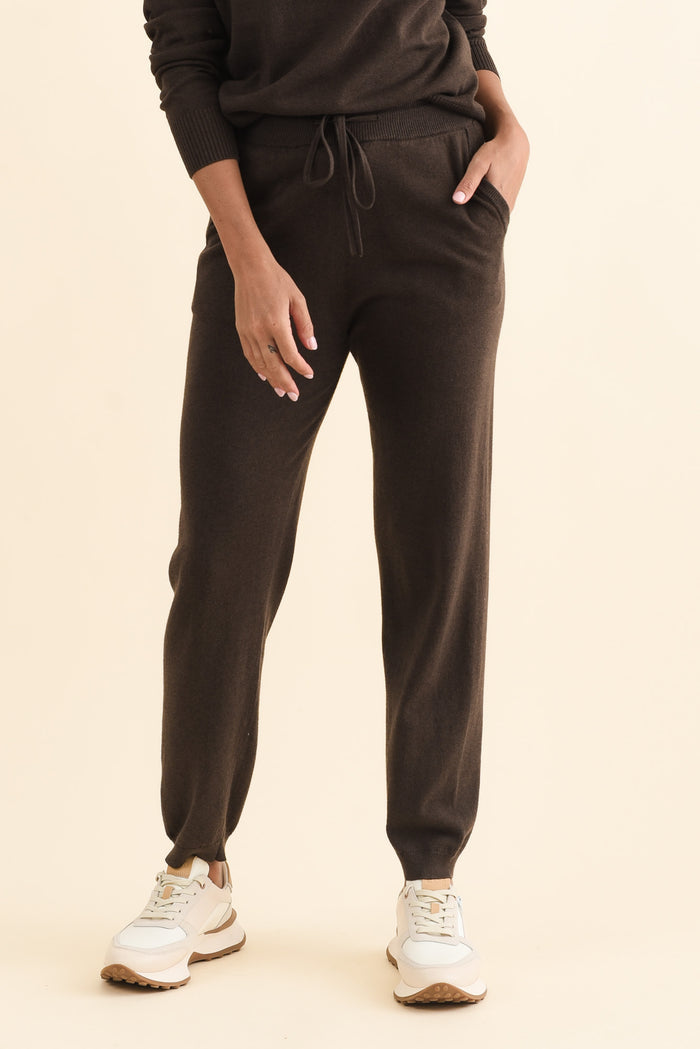 Rowan Chocolate Cotton Cashmere Knit Pants,Brunette model,alt text|model:Brontie