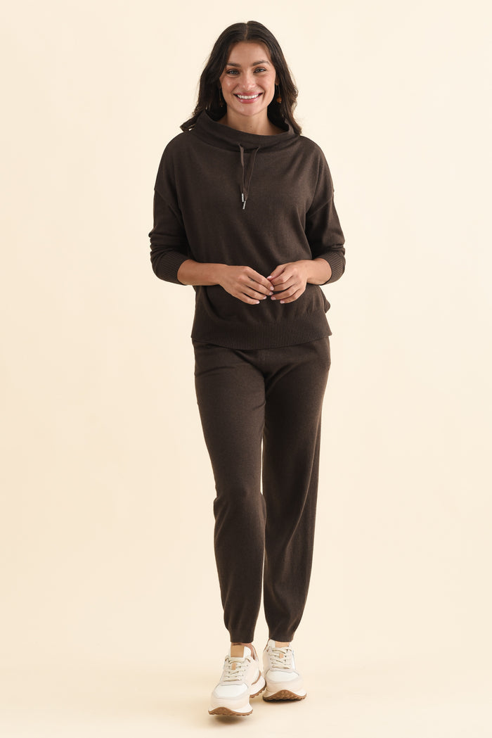 Rowan Chocolate Cotton Cashmere Knit Pants,Brunette model,alt text|model:Brontie