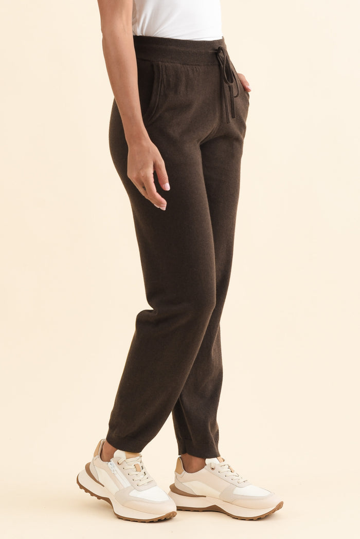 Rowan Chocolate Cotton Cashmere Knit Pants,Brunette model,alt text|model:Brontie