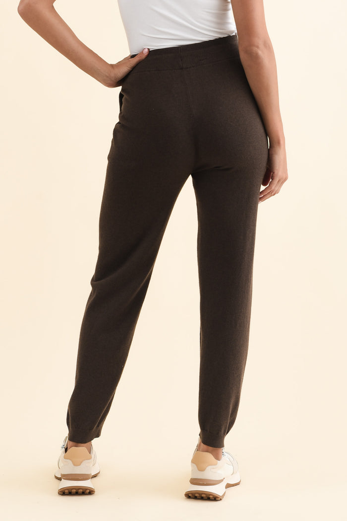 Rowan Chocolate Cotton Cashmere Knit Pants,Brunette model,alt text|model:Brontie