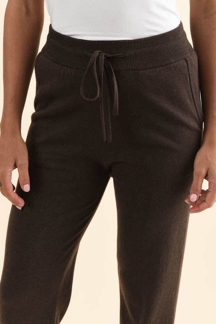 Rowan Chocolate Cotton Cashmere Knit Pants,Brunette model,alt text|model:Brontie