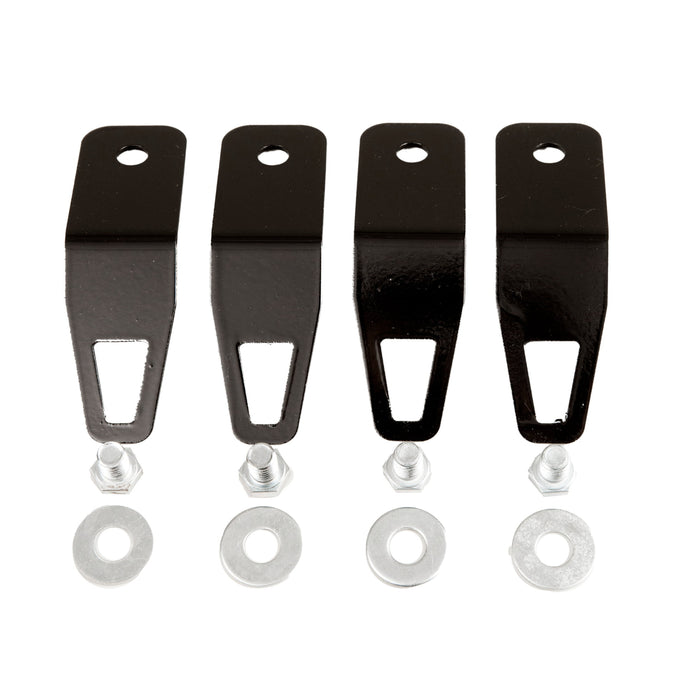 Four black metal tie-down brackets for Ruff Land Kennels, each with a matching silver bolt and washer.