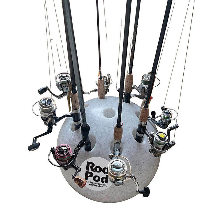 Grey roto-molded RodPod fishing rod holder holding nine rods on a white background.