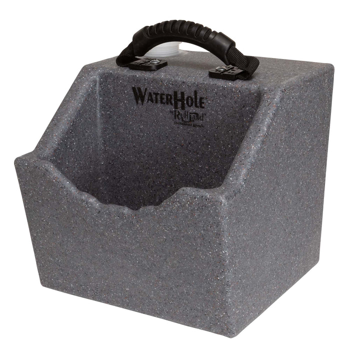 Ruff Land Water Hole 1-gallon grey speckled roto-molded dog water bowl with a black top handle.