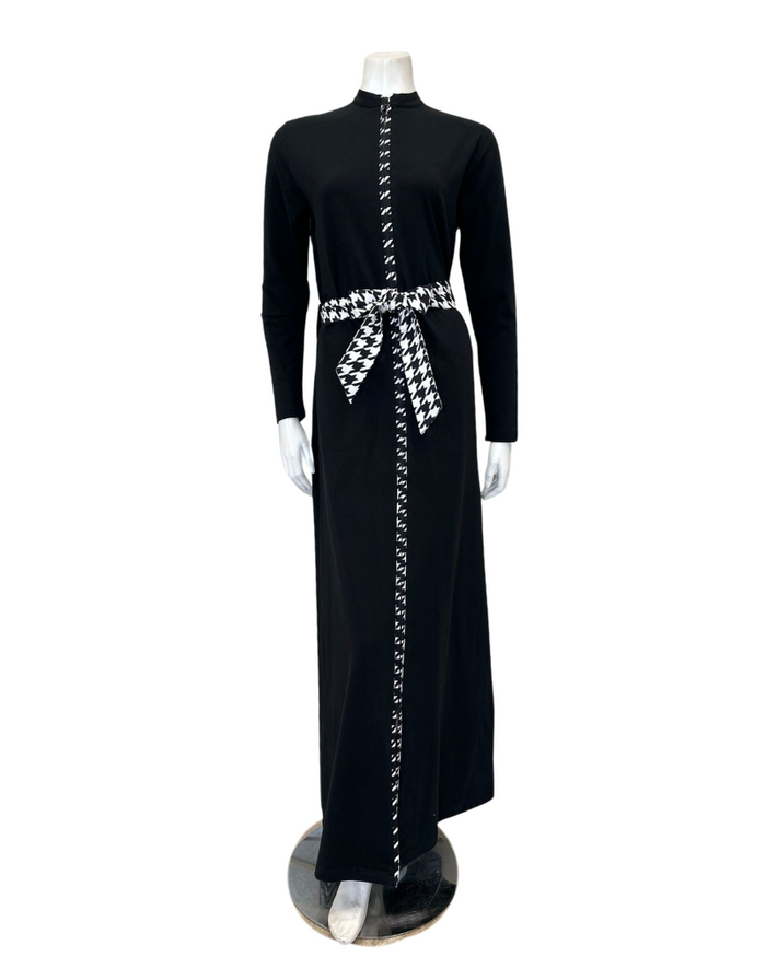 Runelli AN900 Pepita Trim Black Zippered Cotton Morning Robe w/ Removable Hood Myselflingerie.com