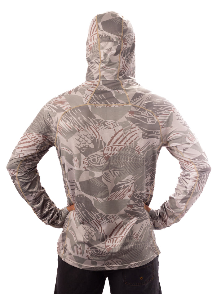 Back view of a man wearing the Waihana Sandy Sun Shirt in Sandy Fishbone camo print, featuring a built-in hood and face mask, long sleeves, and fish-patterned UPF fabric.