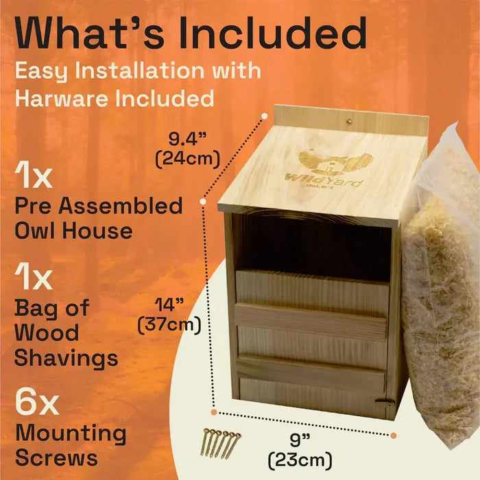 Owl Box (Includes Shipping) with included pre-assembled owl house, wood shavings, and mounting screws for easy setup.