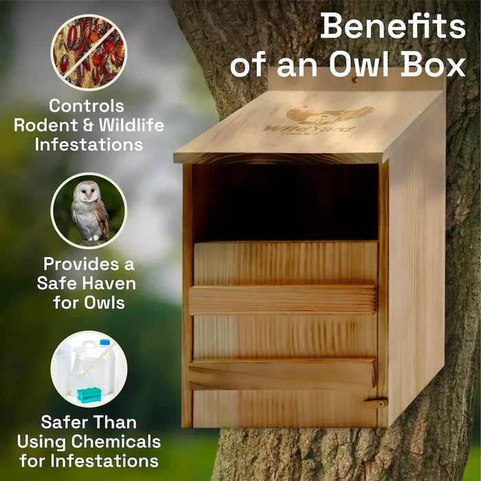 Owl Box (Includes Shipping) benefits, provides a haven for owls, controls wildlife, and safer from chemicals.