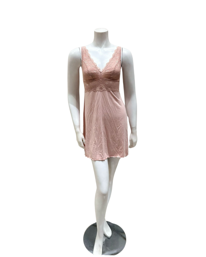 Samantha Chang SC222216-8016-VP Pink Sand Lace Vanilla Modal Chemise & Robe Set Myselflingerie.com