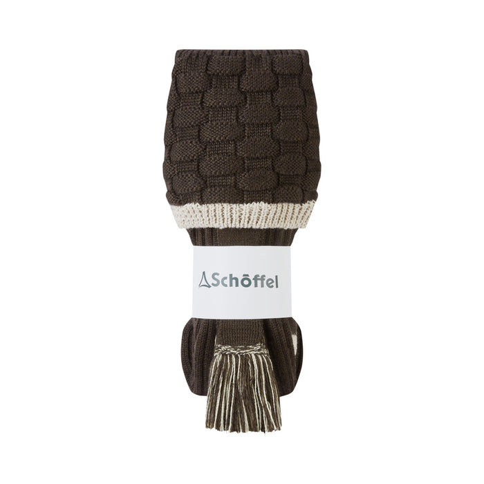 Brown Schöffel merino wool hunting socks with a textured knit cuff, cream trim, and matching decorative garter tassels.