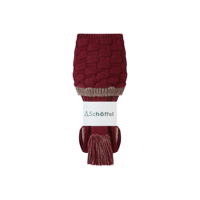 Burgundy Schöffel merino wool hunting socks with a textured knit pattern and matching decorative garters.
