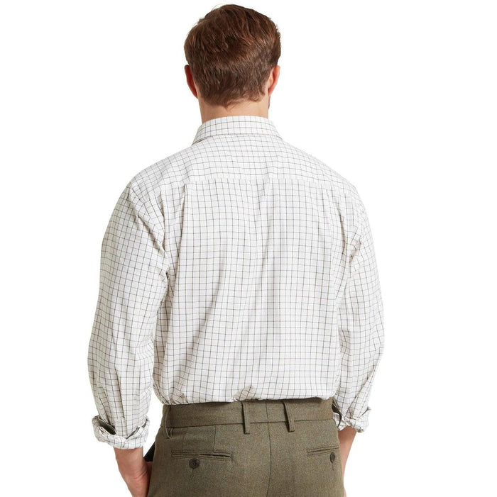 Back view of a Schoffel men's white and green tattersall check cotton twill shirt with a classic fit.
