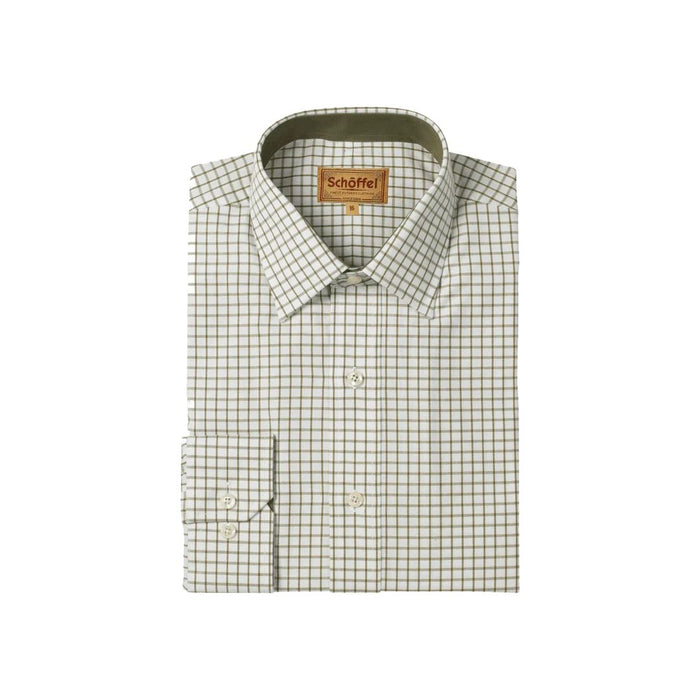 Schoffel men's white and olive green checked cotton twill shirt with a classic collar and branded buttons.